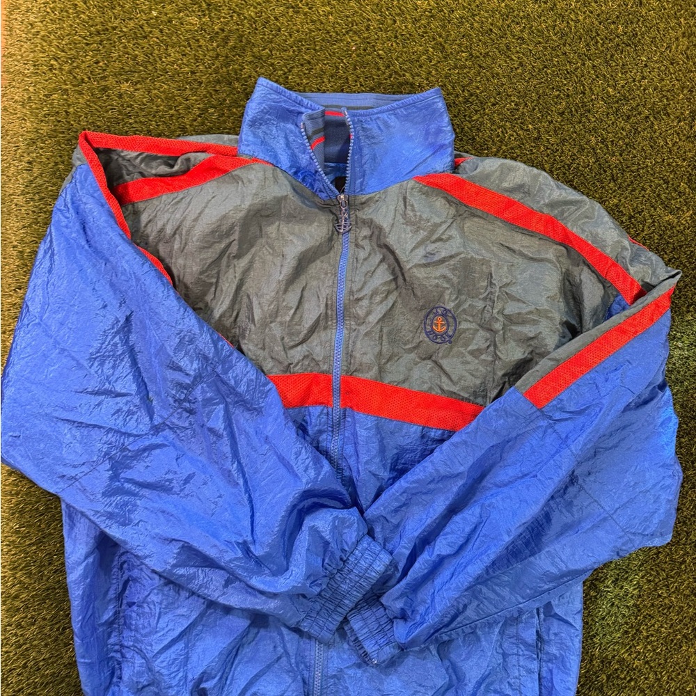 Men's Blue and Gray Windbreaker Jacket with Red Accents